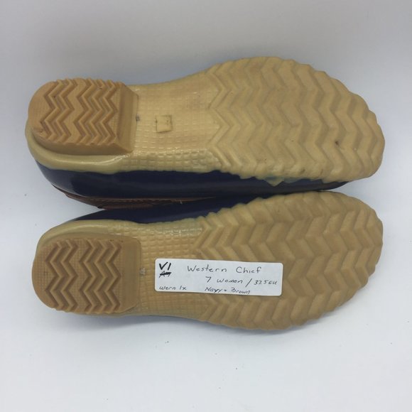 WESTERN CHIEF 7M Rain Duck Moccasin Slip On Navy / Brown Leather Womans - Picture 5 of 8
